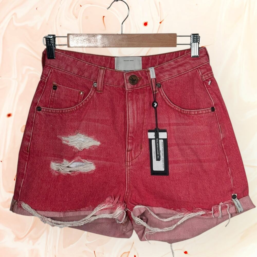 New $155 ONE TEASPOON Organic Denim Frayed Shorts Cuffed High Waist Festival Red